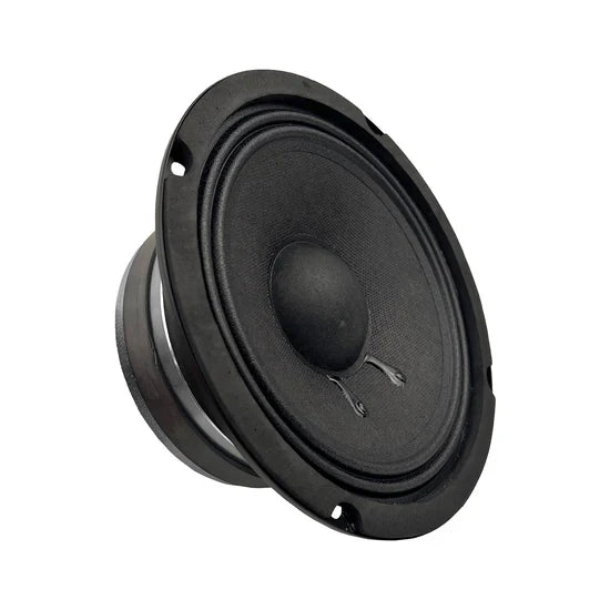 6.5 inch midbass speaker with black cone and metal frame, front view