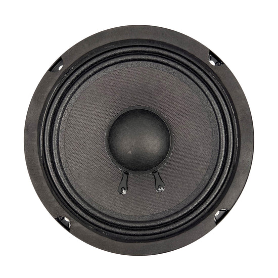6.5 inch midbass speaker with textured black cone and dust cap, front view