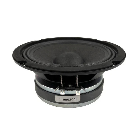 6.5 inch midbass speaker with black cone and silver mounting basket, side view