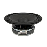 6.5 inch midbass speaker with black cone and silver mounting basket, side view
