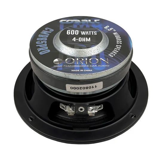6.5 inch midbass speaker rear with power rating label and 4-ohm marking