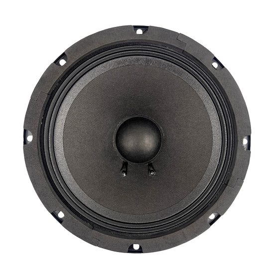 Midbass speaker with gray cone, black dust cap, and four rear connection terminals