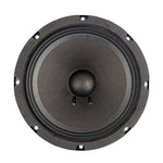 Midbass speaker with gray cone, black dust cap, and four rear connection terminals