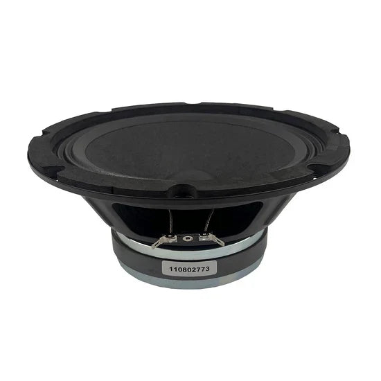 Midbass speaker from side angle with black basket and gray mounting label