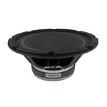 Midbass speaker from side angle with black basket and gray mounting label