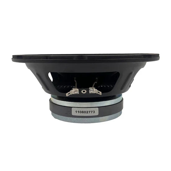 Midbass speaker rear view with two input terminals and black mounting ring