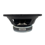 Midbass speaker rear view with two input terminals and black mounting ring