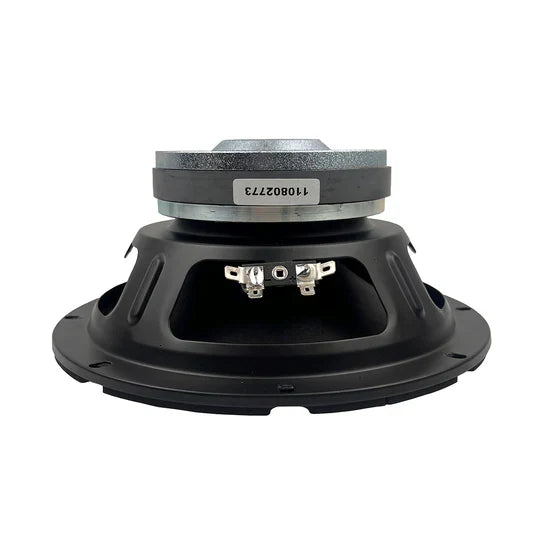 Midbass speaker with textured rim, metal frame ring, and rear label