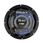 Midbass speaker backplate with Orion branding, 700 watts, and 4-ohm