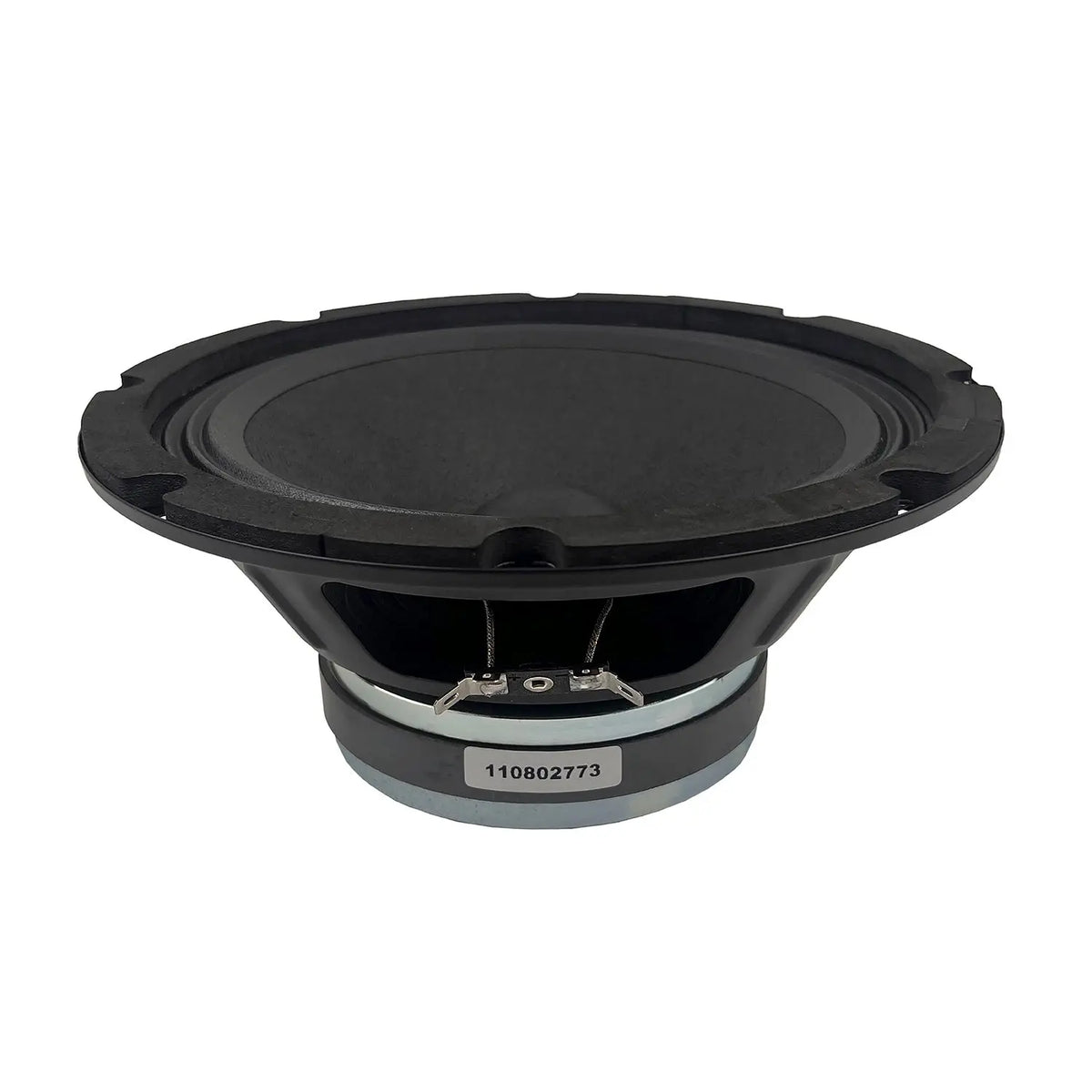 8-inch midbass speaker woofer side view with black frame and cone