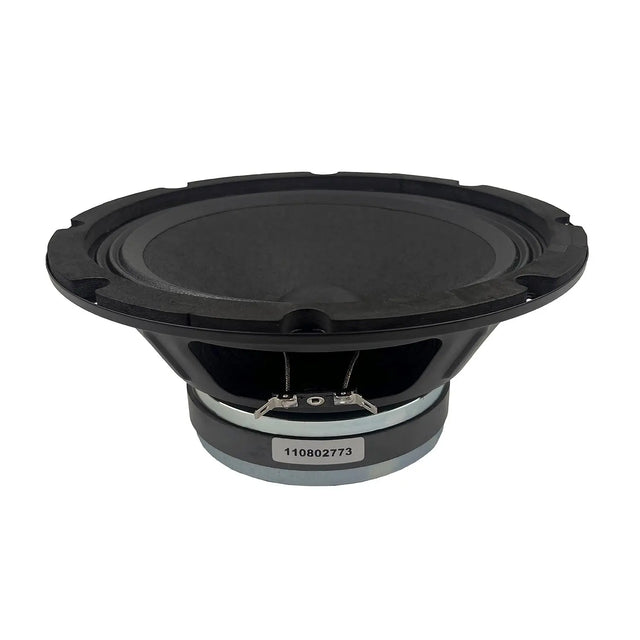 8-inch midbass speaker woofer side view with black frame and cone