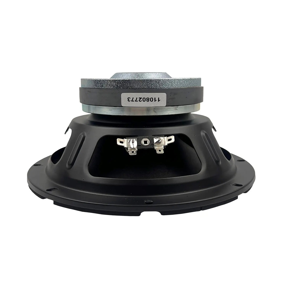 8-inch midbass speaker back view with metal terminals and label band