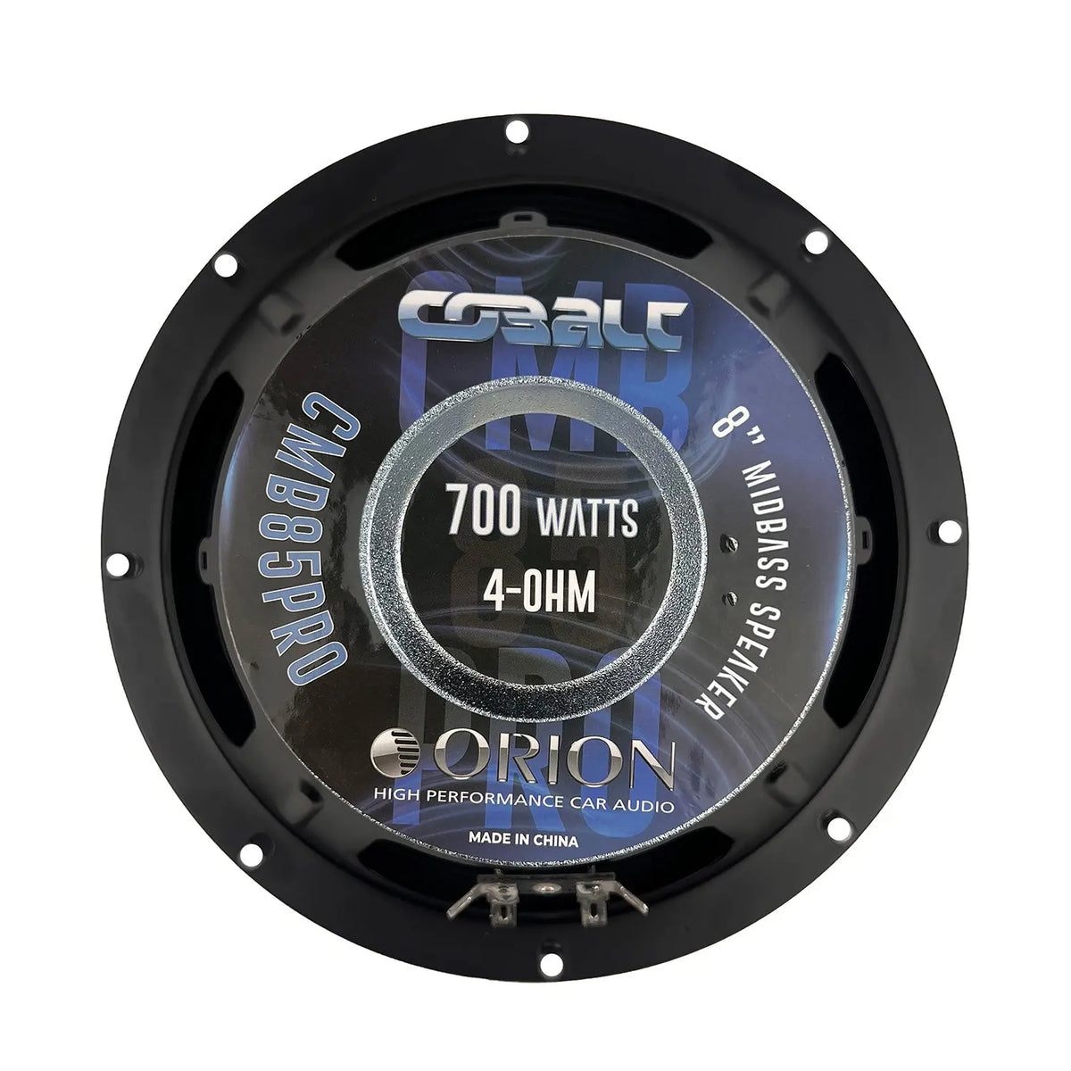 8-inch Orion midbass speaker magnet cover with 4-ohm rating and terminals
