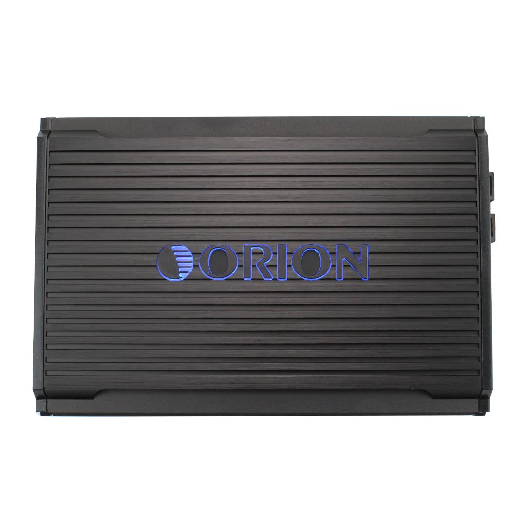 Class D monoblock amplifier with Orion logo on black grille-style casing
