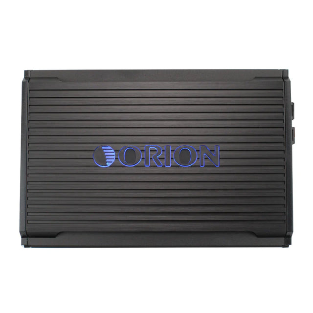 Class D monoblock amplifier with Orion logo on black grille-style casing