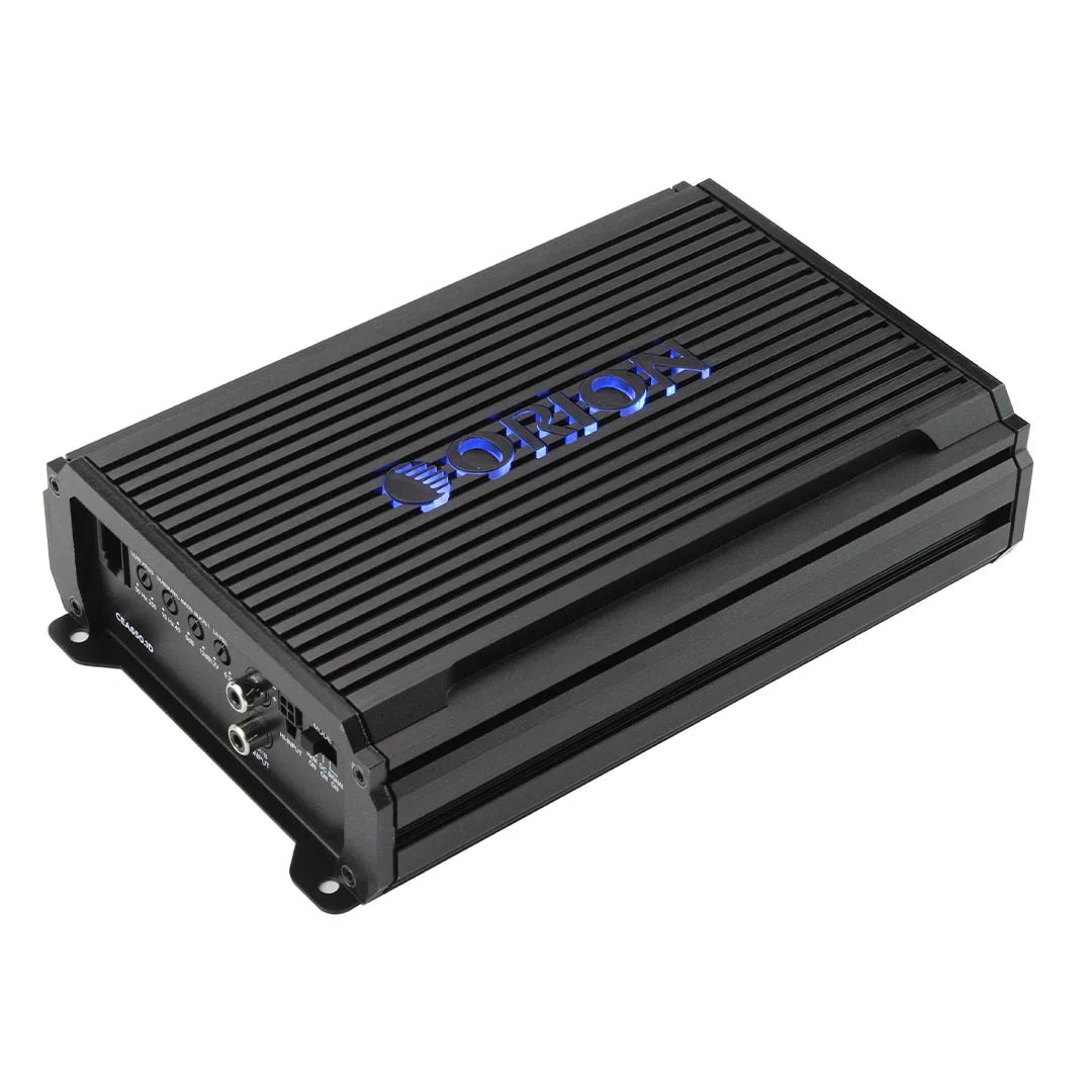 Class D monoblock amplifier with Orion logo, black finned housing and side connectors
