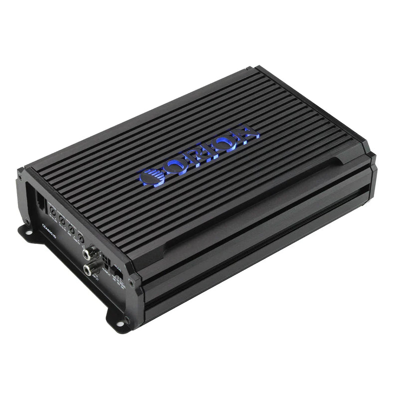 Class D monoblock amplifier with Orion logo, black finned housing and side connectors