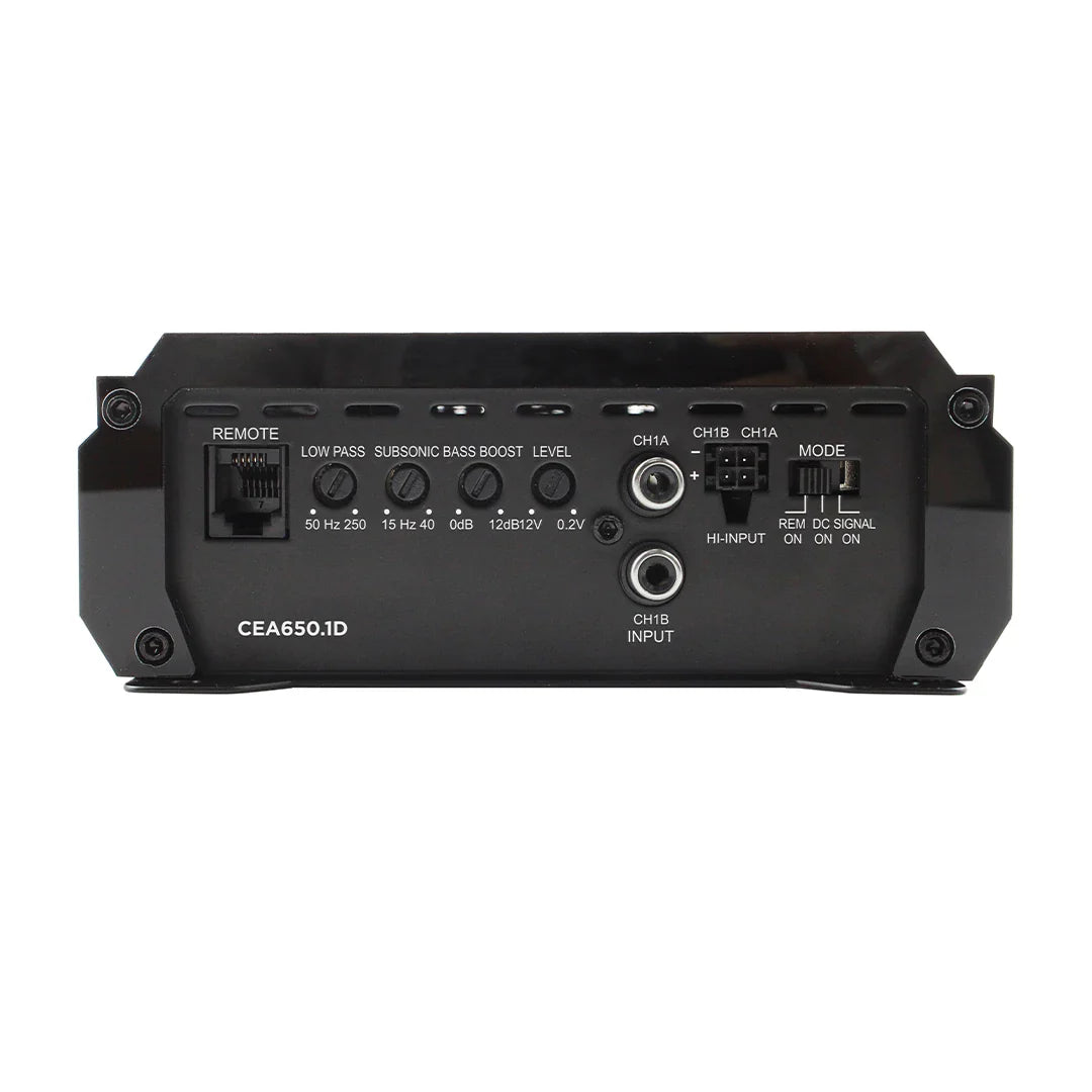 Class D monoblock amplifier rear control panel with knobs, switches, and CH1/CH2 inputs