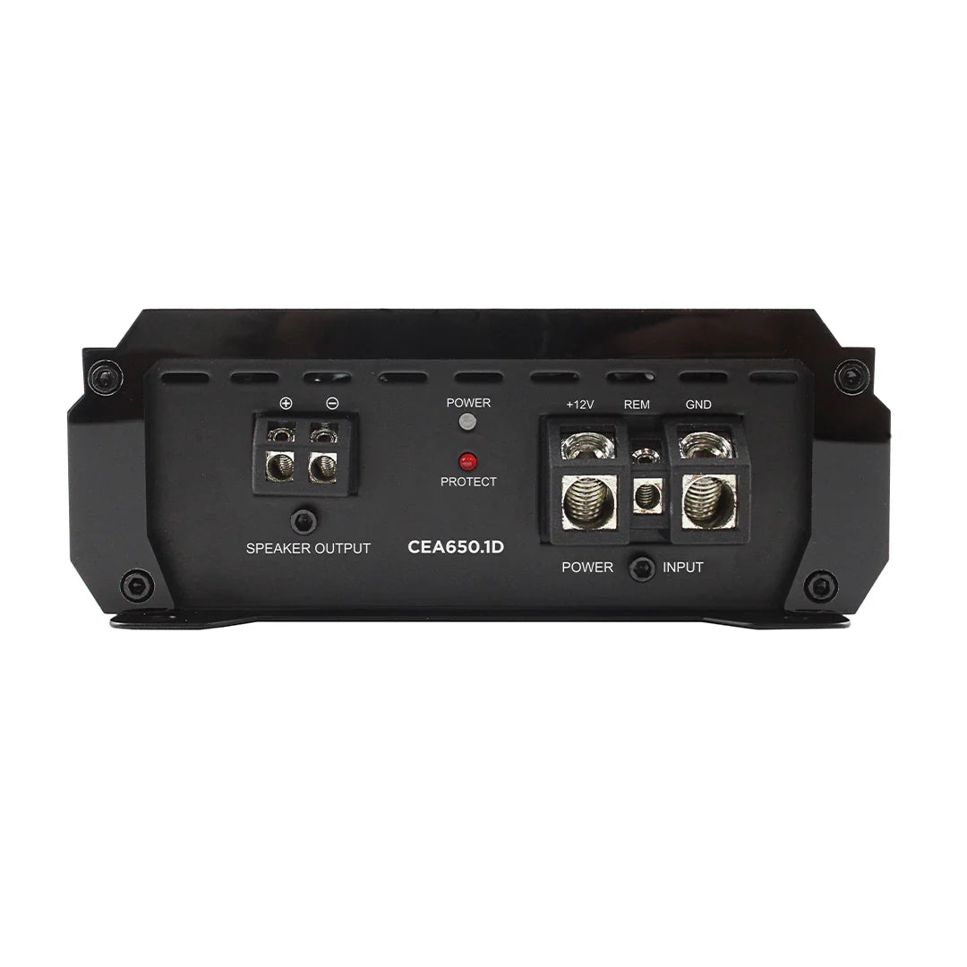 Class D monoblock amplifier rear panel with speaker output and power input terminals