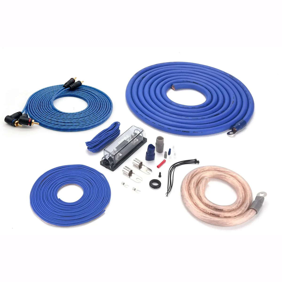 0-gauge amplifier kit with blue power cables, fuse holder, connectors, and hardware