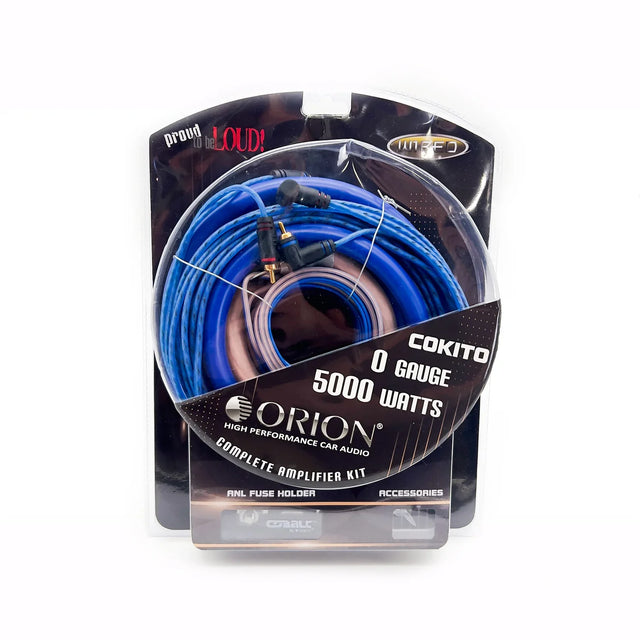 0-gauge amplifier kit package with blue cable coil labeled 5000 watts