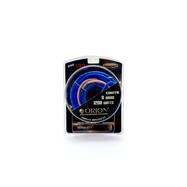 ORION 8-gauge complete amplifier kit retail package with coiled blue wire shown
