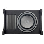 12-inch active down-firing subwoofer enclosure with black textured housing and woofer grille