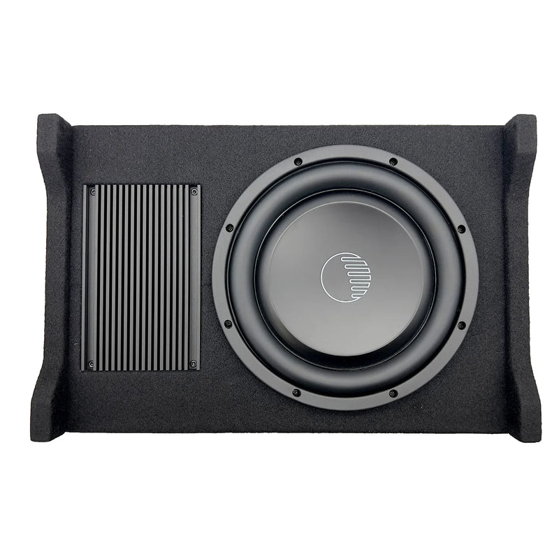 12-inch active down-firing subwoofer enclosure with black textured housing and woofer grille