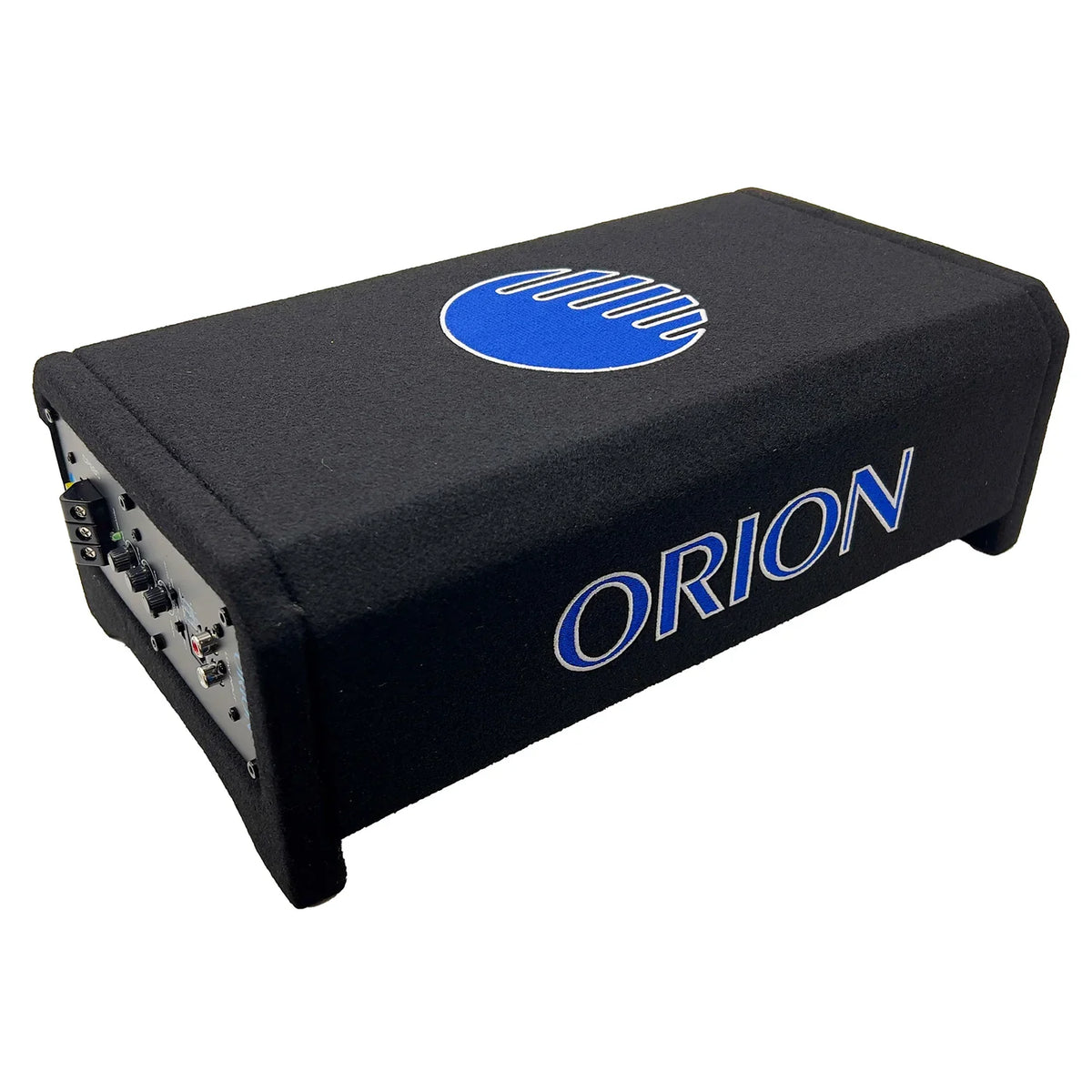 Black speaker enclosure with ORION logo and blue top label