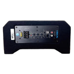 Active down-firing subwoofer enclosure back panel with controls and input/output ports