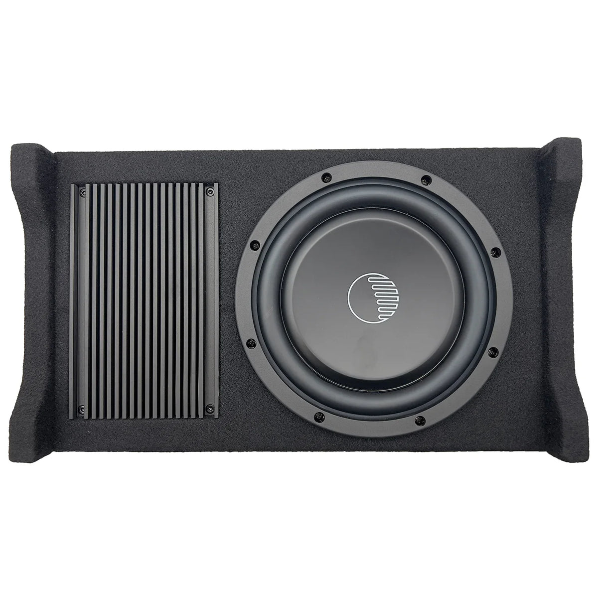 Active down-firing enclosure with 8 in subwoofer driver and black fabric grille