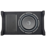 Active down-firing enclosure with 8 in subwoofer driver and black fabric grille