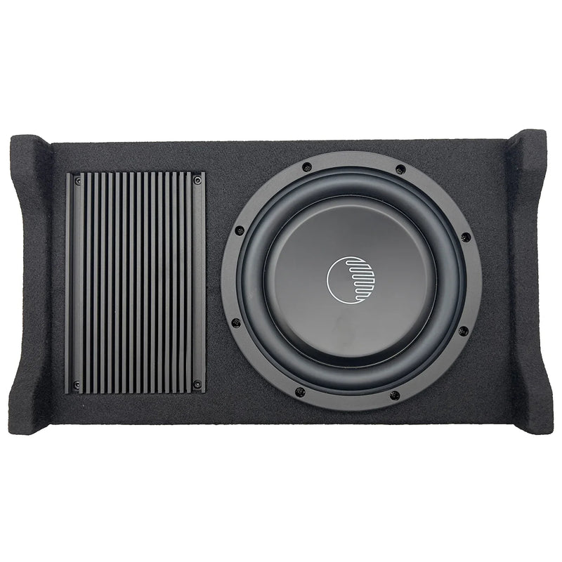 Active down-firing enclosure with 8 in subwoofer driver and black fabric grille