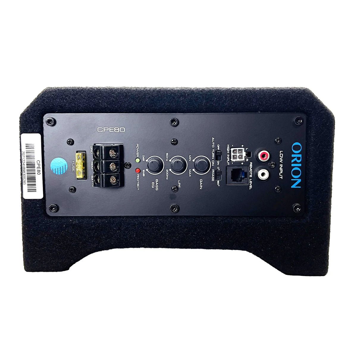 Active down-firing enclosure rear panel with input terminals and adjustment knobs