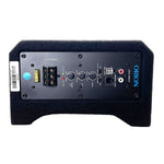 Active down-firing enclosure rear panel with input terminals and adjustment knobs