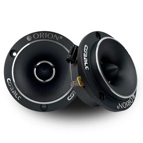 Black Orion bullet tweeters pair with silver rings and terminals