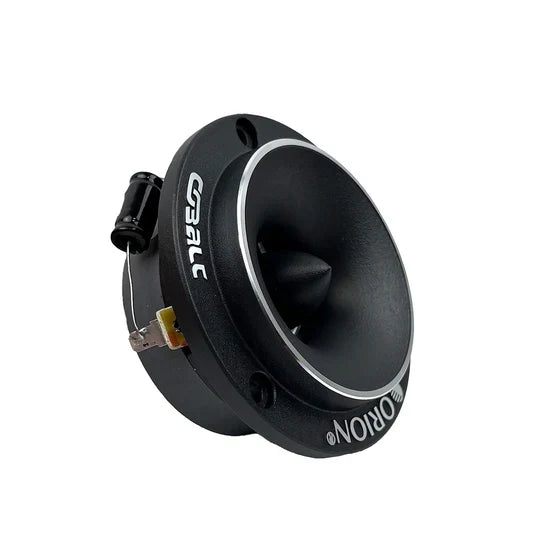 Black Orion bullet tweeter with silver rim and cable/connector terminals