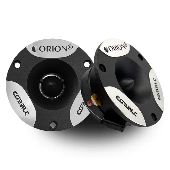 Pair of black bullet tweeters with mounting flange and ORION logo