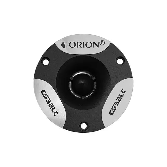 Black bullet tweeter front view with ORION badge and metal dome