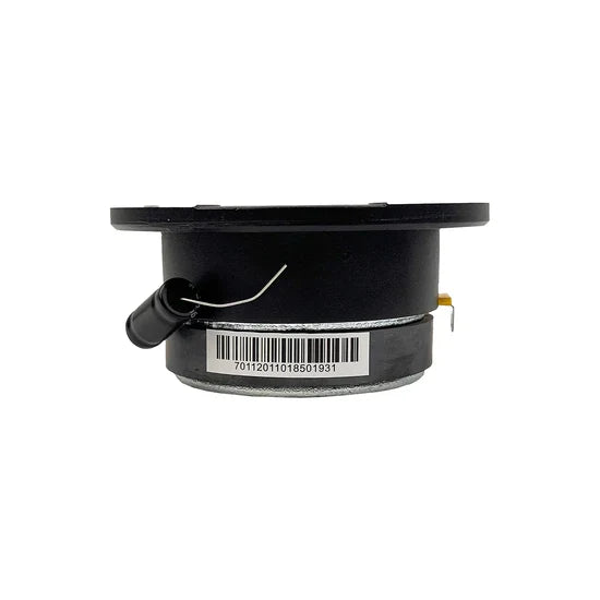 Black bullet tweeter side view with wiring terminals and product label sticker
