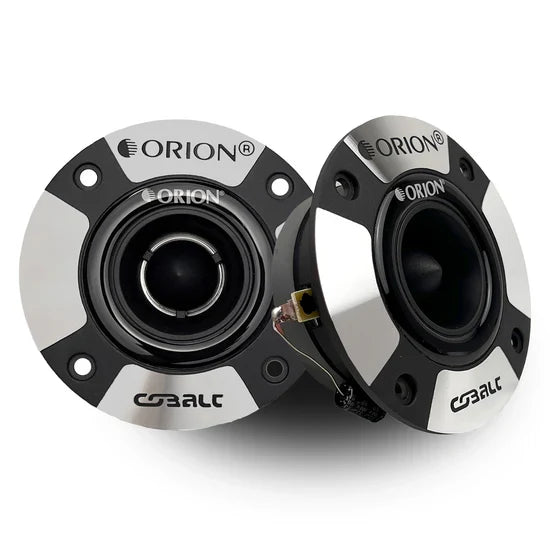Pair of Orion 3.9-inch bullet tweeters with black faceplate and metal mounting holes