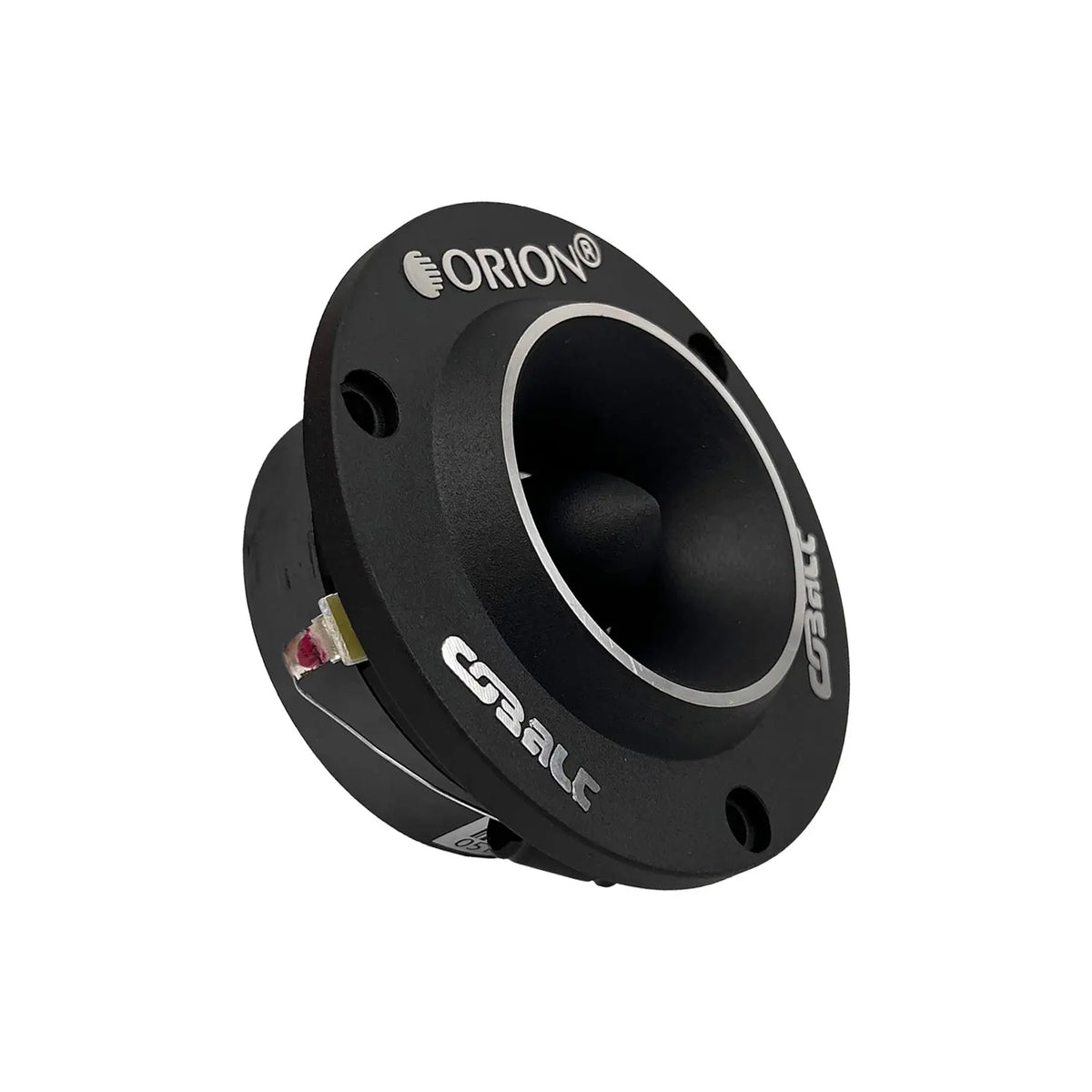 Black bullet tweeter angled view with Orion badge and side connector terminals