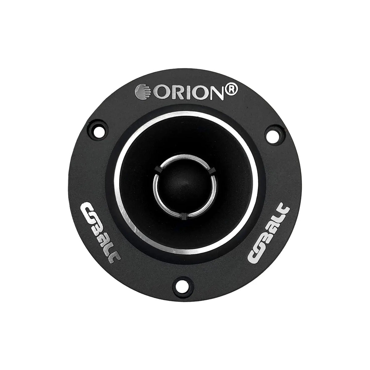 Black circular tweeter with Orion logo, silver ring, and four mounting holes