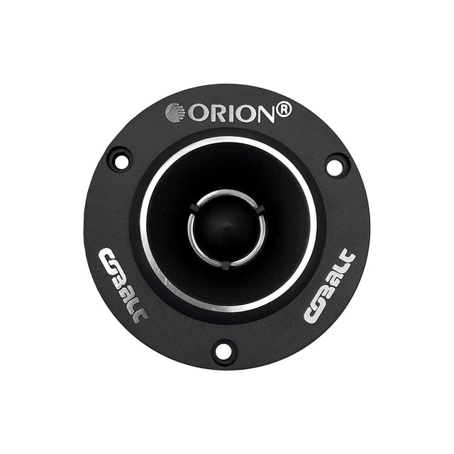 Black circular tweeter with Orion logo, silver ring, and four mounting holes