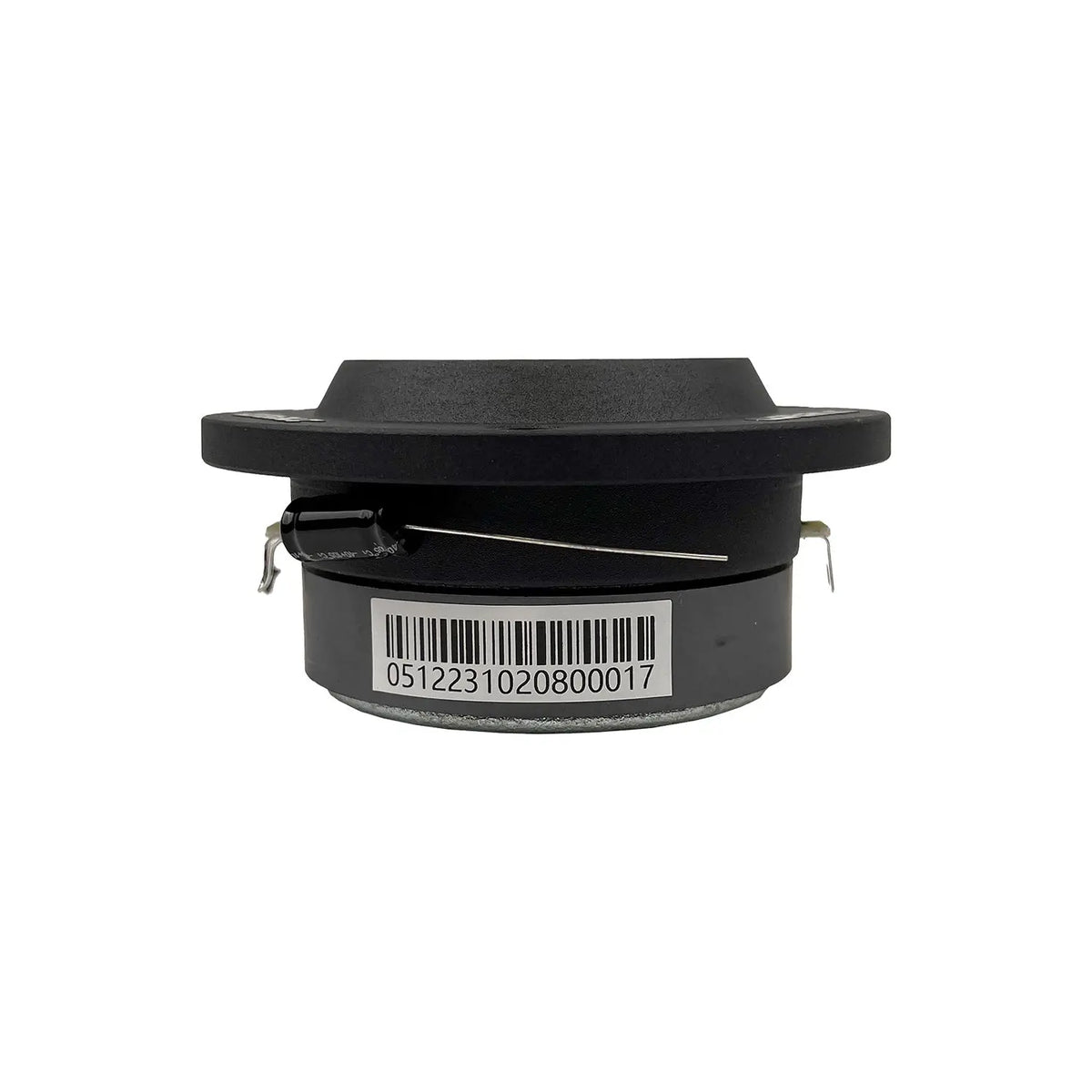 Black tweeter rear housing with two wire leads and barcode label