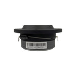 Black tweeter rear housing with two wire leads and barcode label