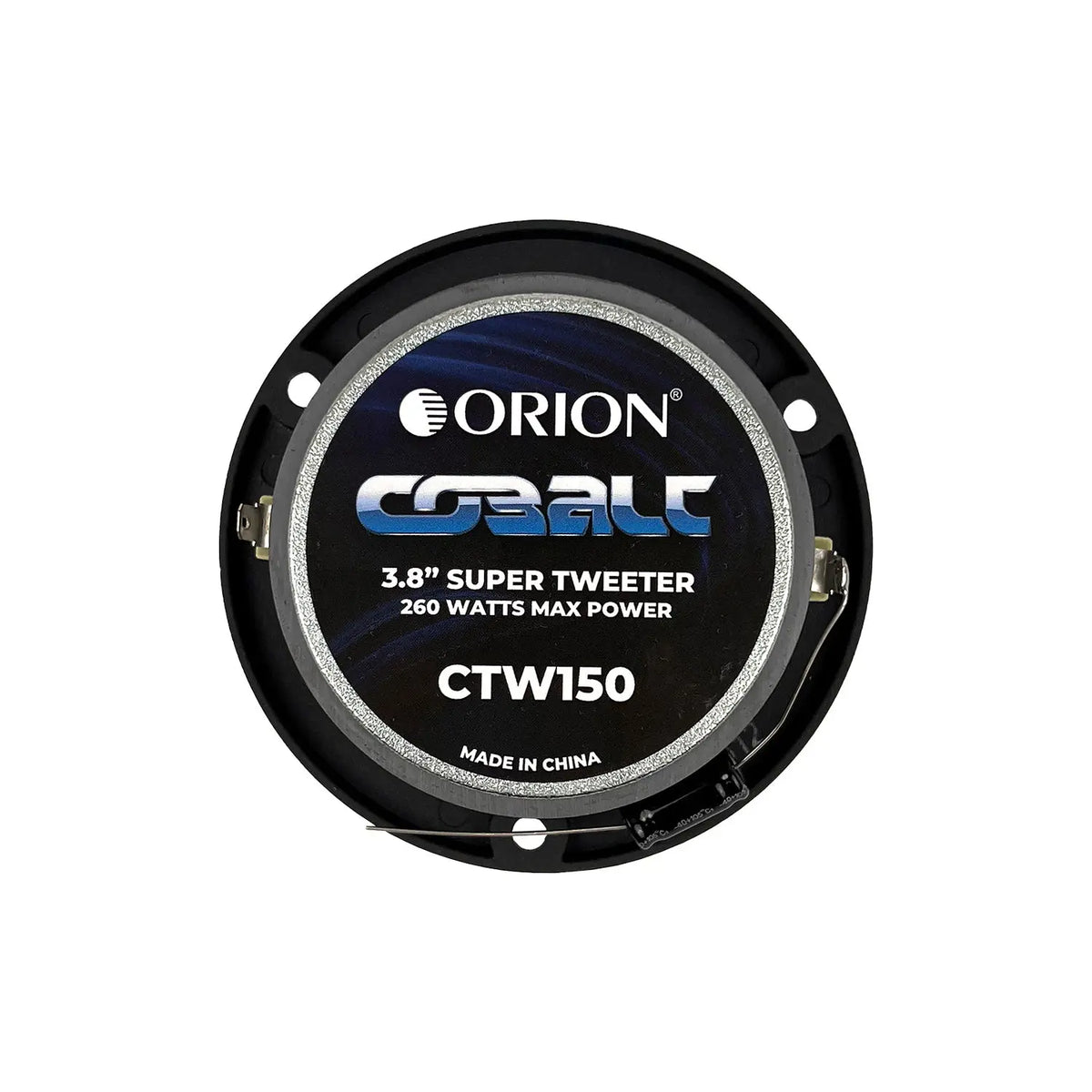 Orion CTW150 tweeter front with blue logo text and silver ring