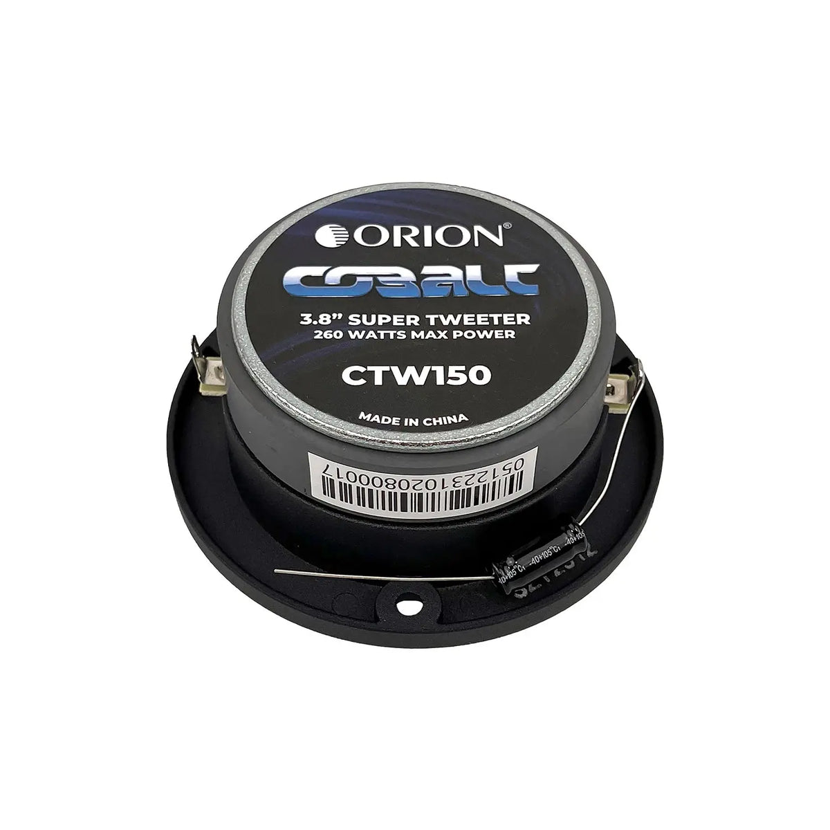 Orion 3.8-inch super tweeter with blue label and exposed wire terminals