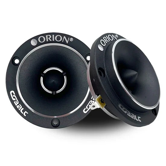 Pair of black bullet tweeters with silver face rings and ORION logos