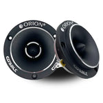 Pair of black bullet tweeters with silver face rings and ORION logos